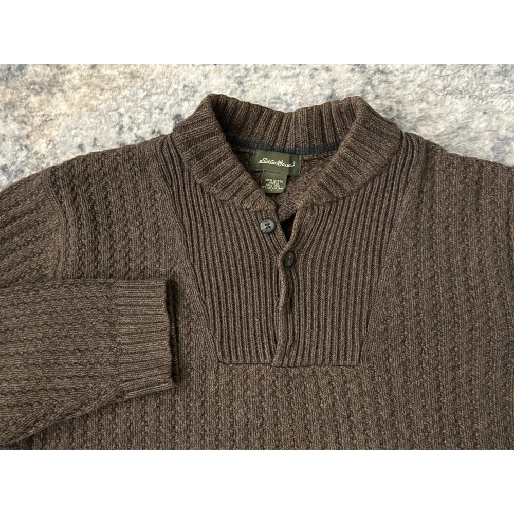 Vtg Eddie Bauer Fisherman Henley Sweater‎ Mens L Brown Chunky Cable Knit Cotton